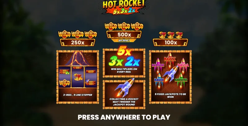 Hot Rocket 5x 3x 2x – hlavné menu s valcami a tlačidlom štartu
